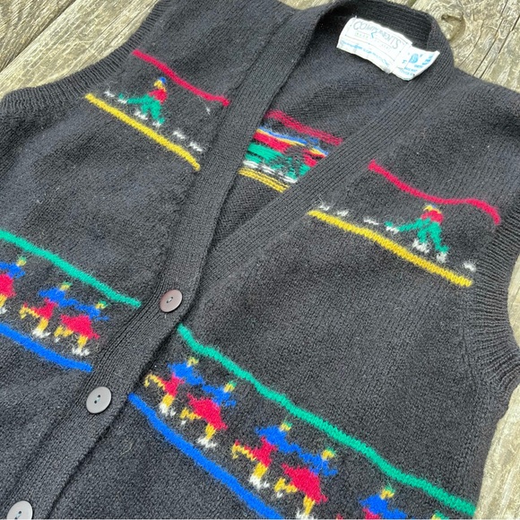 Vintage 80s Winter Sports Wool Intarsia Knit Button Up Sweater Vest Medium - Picture 3 of 6